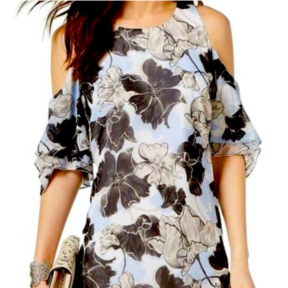 INC Blue L Printed Cold-shoulder Black Short Casual Dress